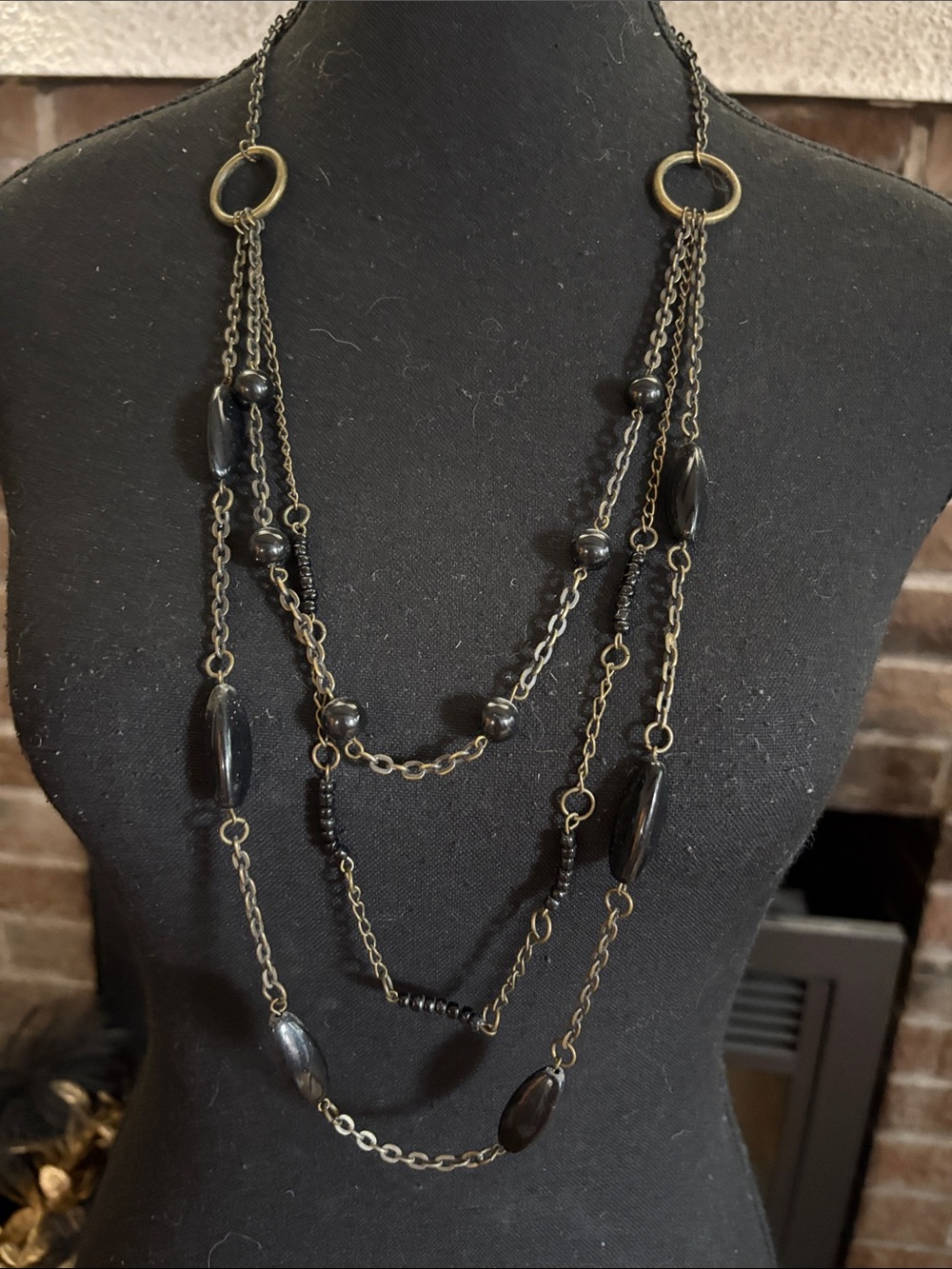 Vintage Black Multi-Strand Beaded Necklace with Antique Gold Chains